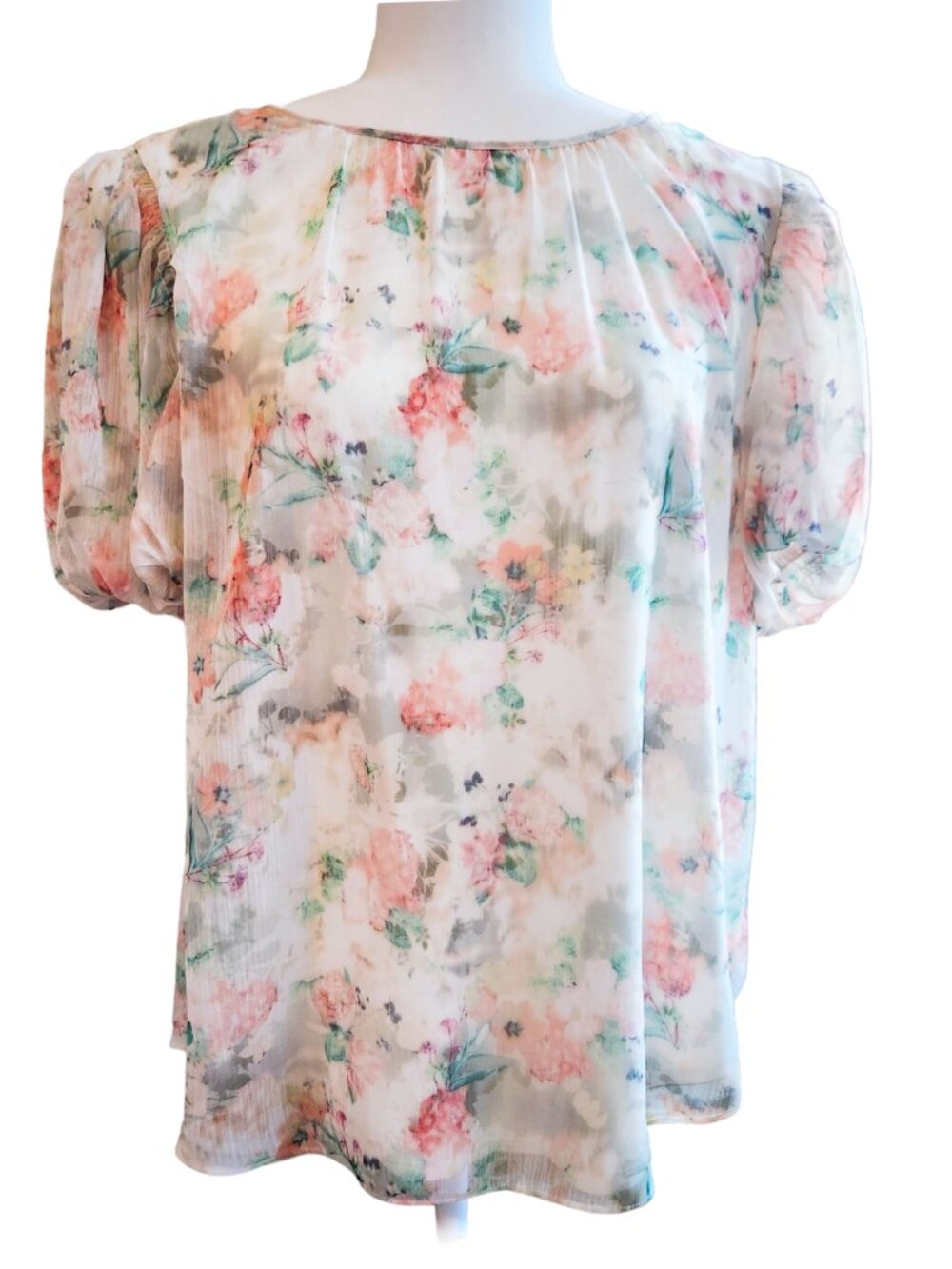 Alex Marie Sheer Floral Top with Smocked Bubble Sleeves | Large